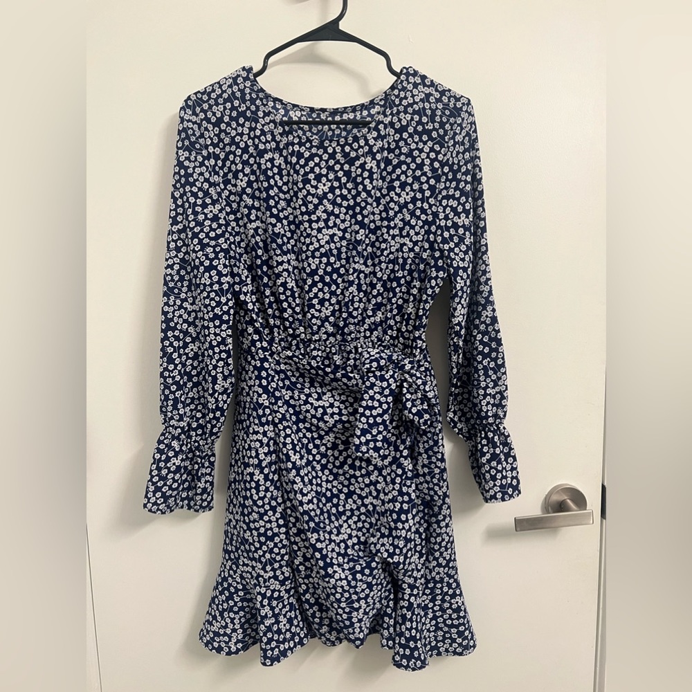 Blue floral long sleeve wrap dress. Size L
